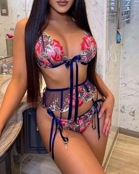 Lingerie de renda bordado conjunto halter sutiã oco tanga